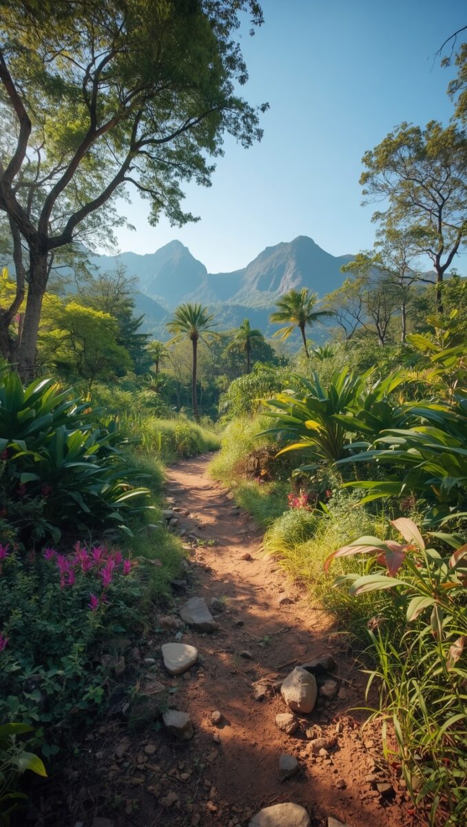 Narrow dirt trail winding through lush tropical vegetation with palm trees and mountains under clear blue sky