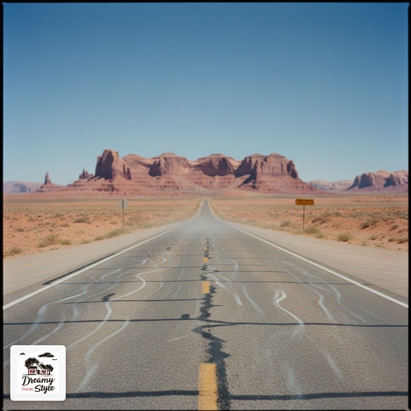 Straight desert highway leading toward red rock buttes and mesas of Monument Valley under clear blue sky