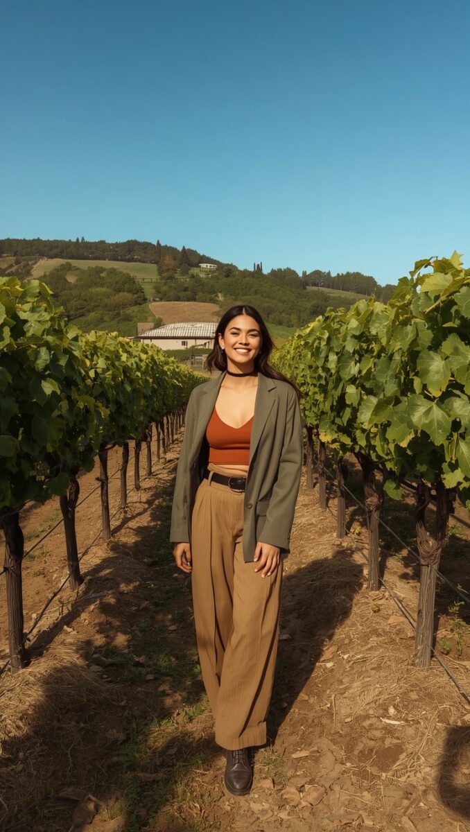 Young woman smiling in a vineyard wearing a rust top, grey blazer, and tan trousers on a sunny day