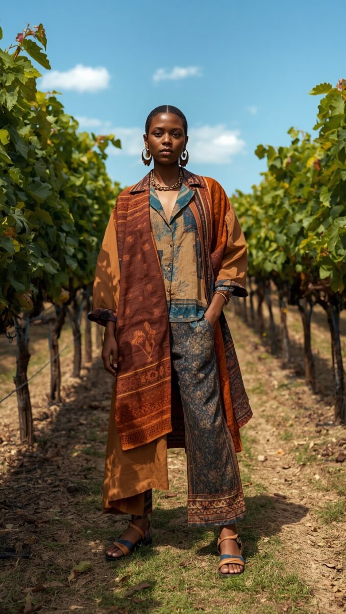 Woman in layered mixed-print outfit with rust kimono coat and patterned wide-leg pants standing in vineyard