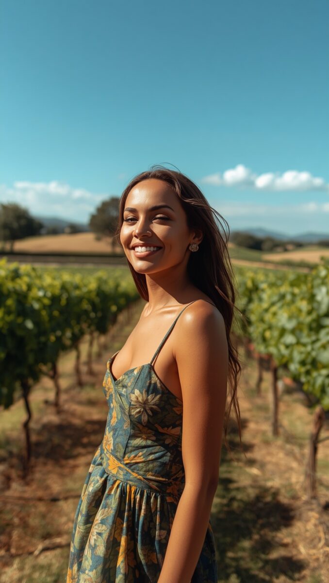 Smiling woman in floral sundress standing among vineyard rows under a clear blue sky