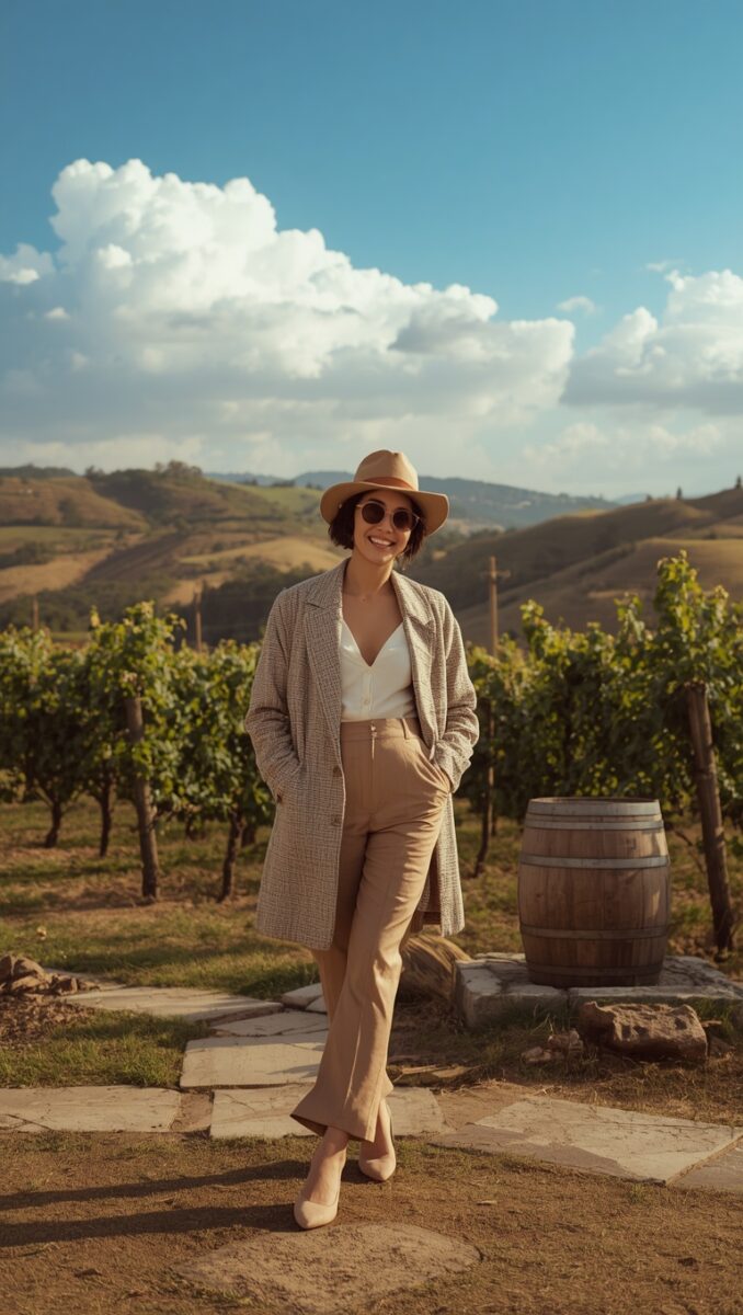 Stylish woman in plaid coat, tan hat, and sunglasses posing at a scenic vineyard with rolling hills