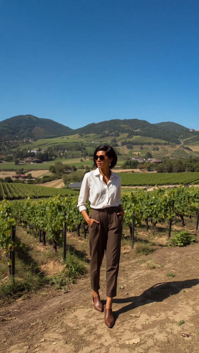 Woman in white shirt and brown trousers standing in a vineyard with green hills and blue sky behind her