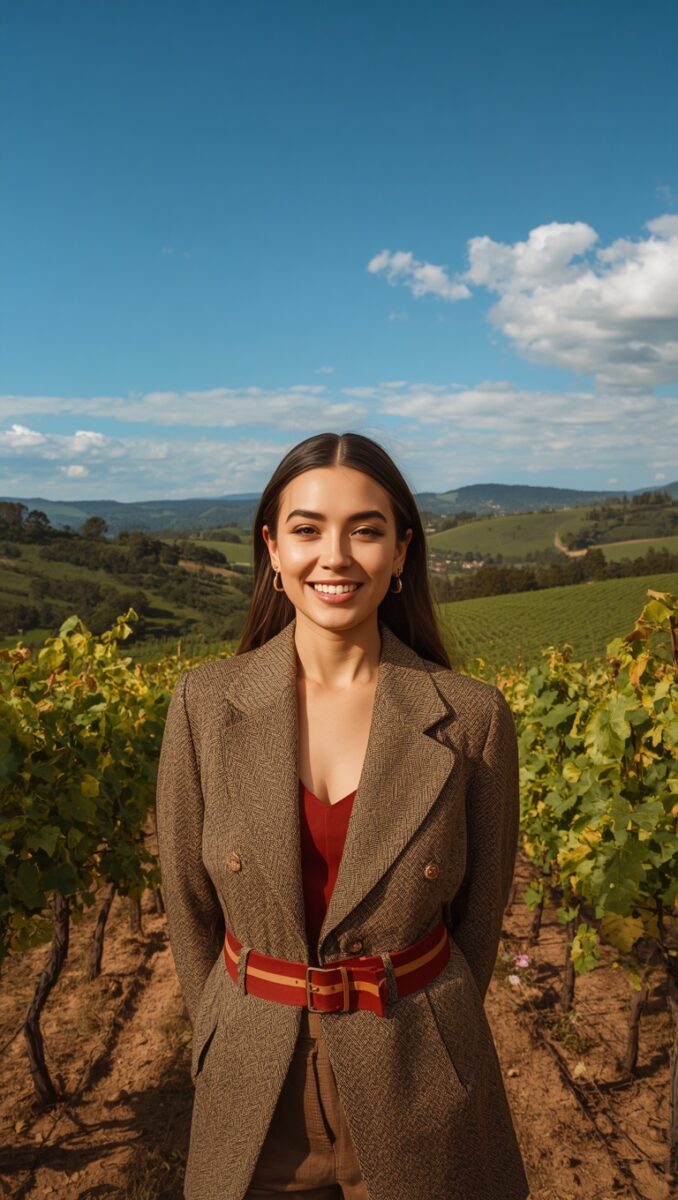 Smiling young woman in brown tweed blazer and red belt standing among vineyard rows with rolling hills