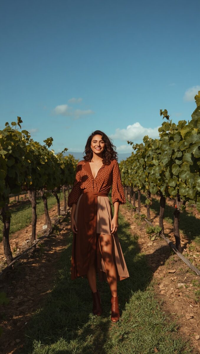 Smiling woman in brown polka dot blouse and midi skirt standing between vineyard rows under blue sky