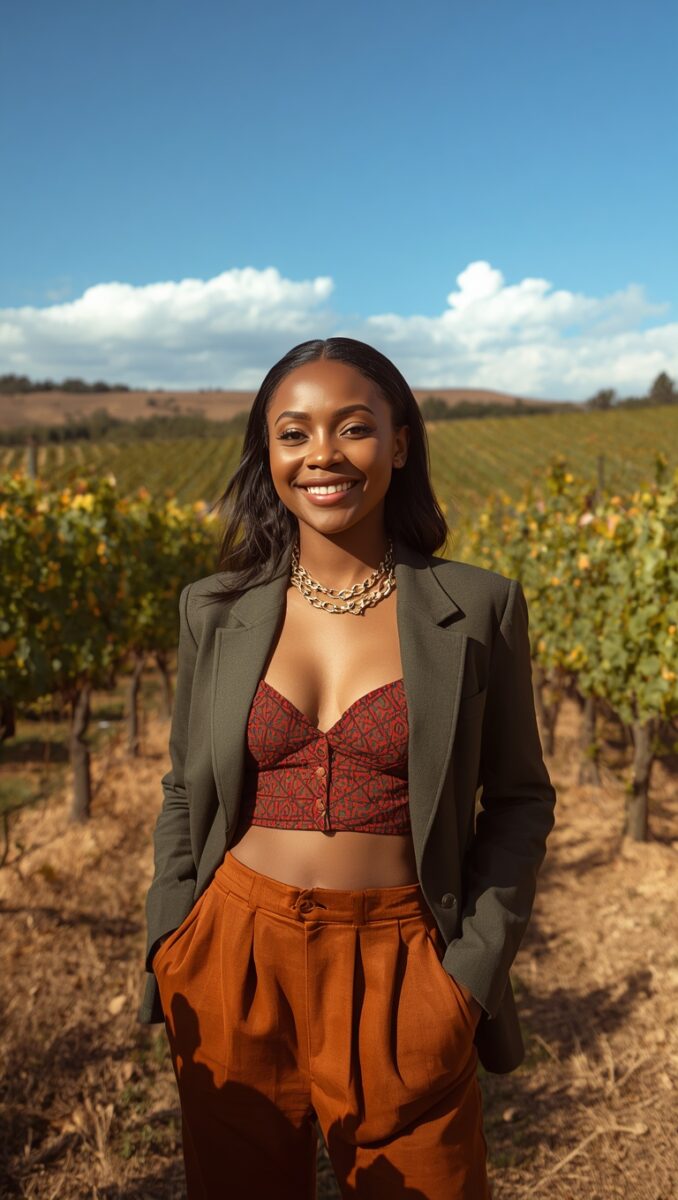 Smiling young woman in olive blazer, red patterned crop top, and rust trousers standing in a sunny vineyard