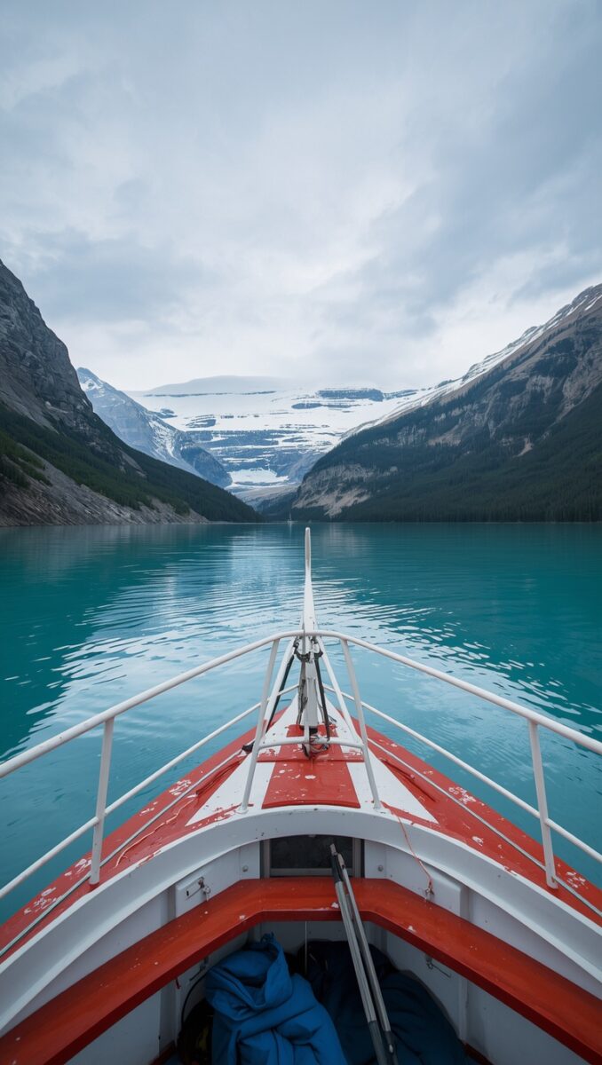 View from bow of red and white boat on turquoise glacial lake surrounded by mountains and glacier