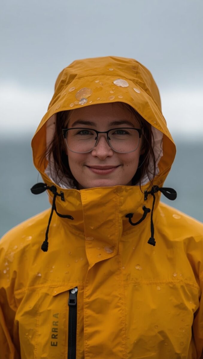 Young woman with glasses wearing a bright yellow hooded rain jacket covered in water droplets, smiling outdoors