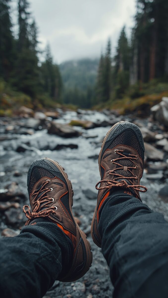 Hiker's POV of brown and orange trail boots resting over a rocky mountain stream surrounded by pine forest