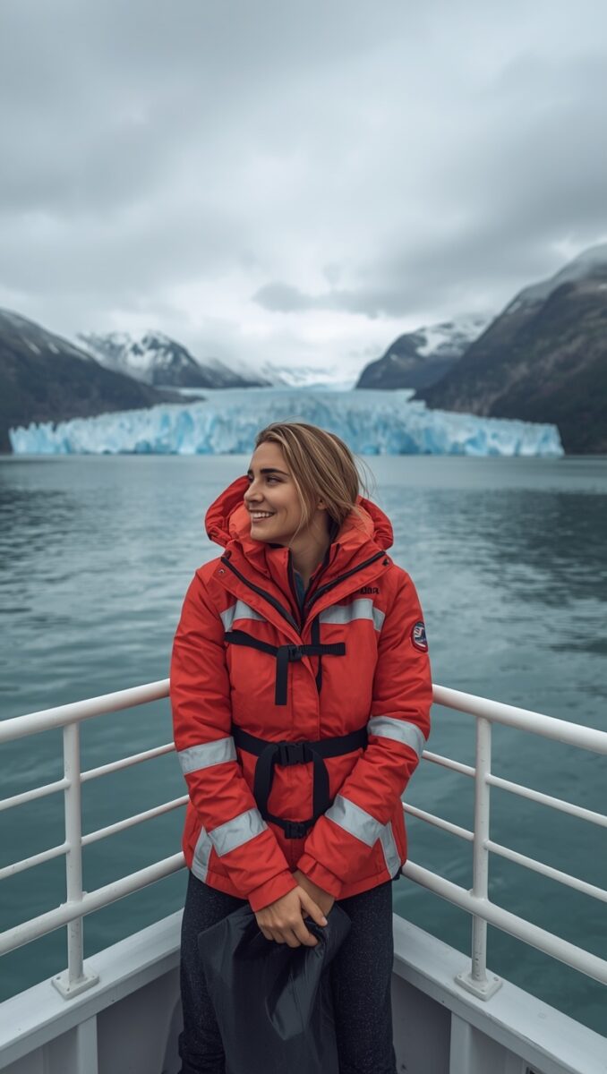 Woman in red safety jacket smiling on boat deck with glacier and snow-capped mountains behind her