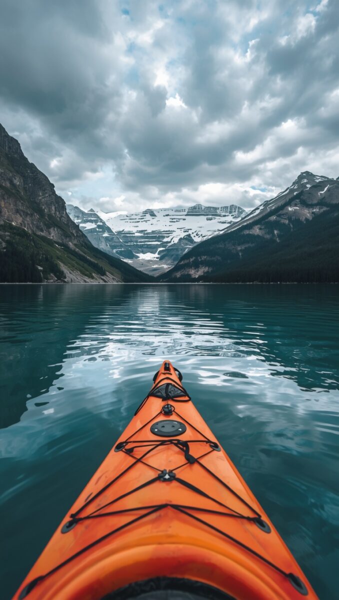 Orange kayak bow on turquoise glacial mountain lake with snow-capped peaks and dramatic cloudy sky