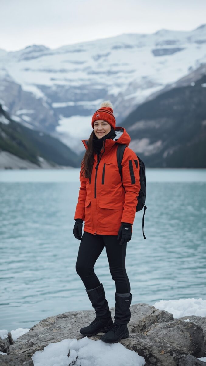 Woman in red jacket and beanie standing on rocks by a glacial turquoise lake with snow-capped mountains