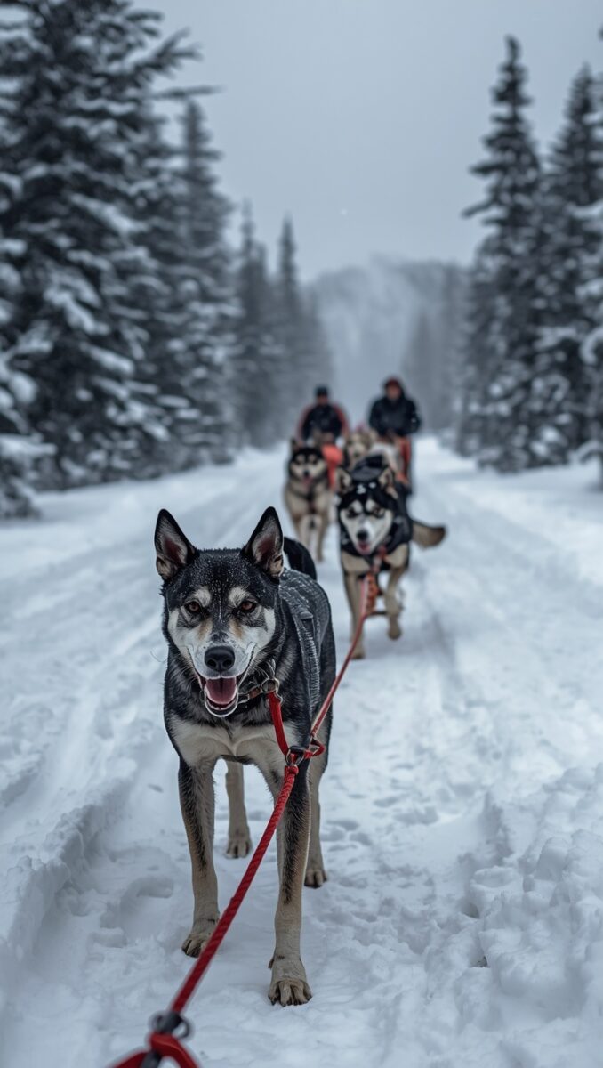 Lead husky sled dog with red harness pulling dog sled team through snowy forest trail with musher in background