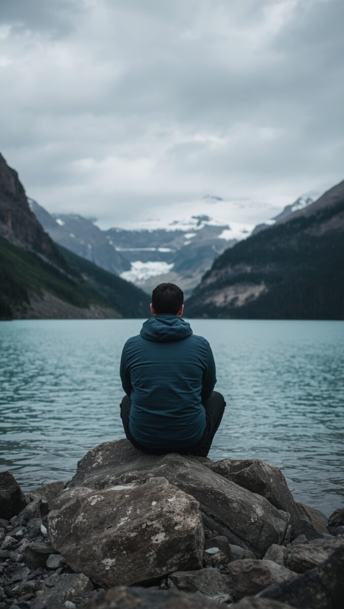 Person in blue hoodie sitting on rocks gazing at turquoise glacial lake surrounded by snow-capped mountains