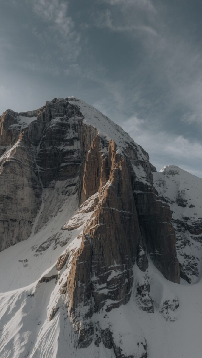 Snow-covered rocky mountain peak with dramatic vertical cliff faces under overcast sky