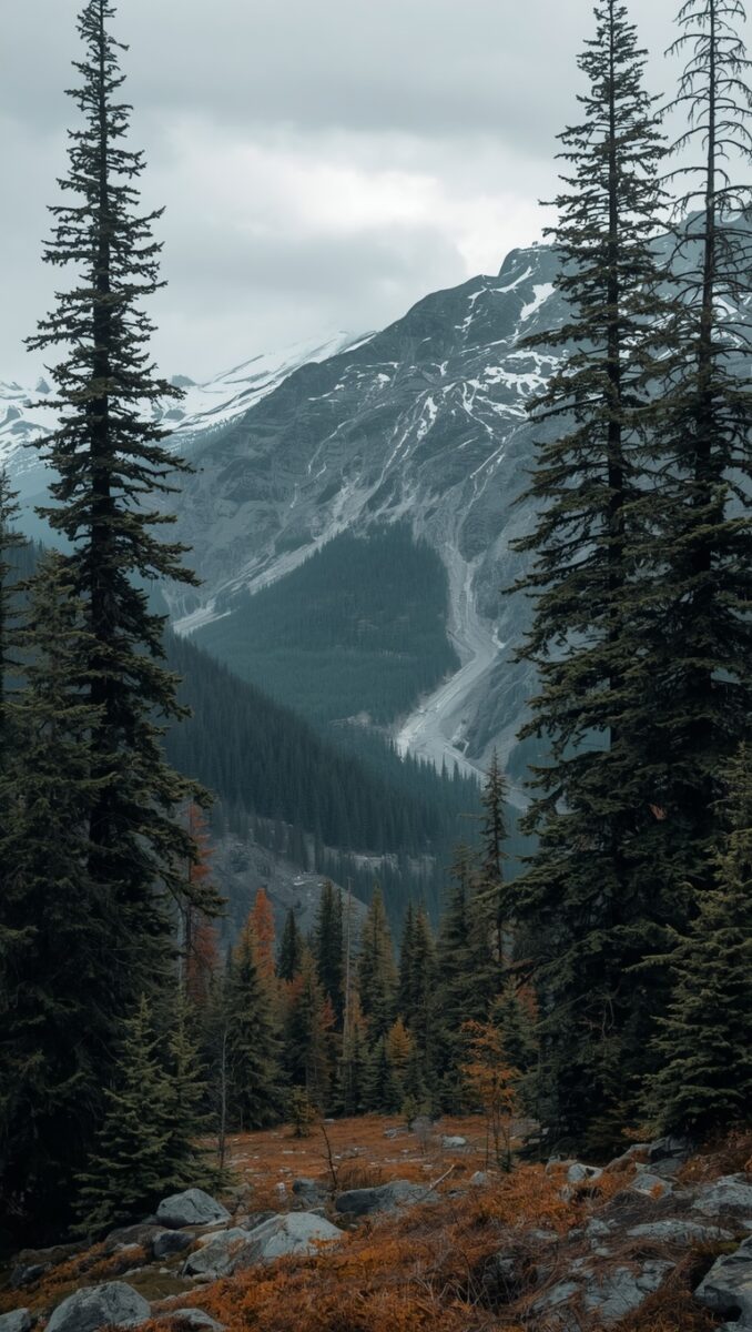 Snow-capped mountain framed by tall evergreen and autumn larch trees in a misty alpine valley