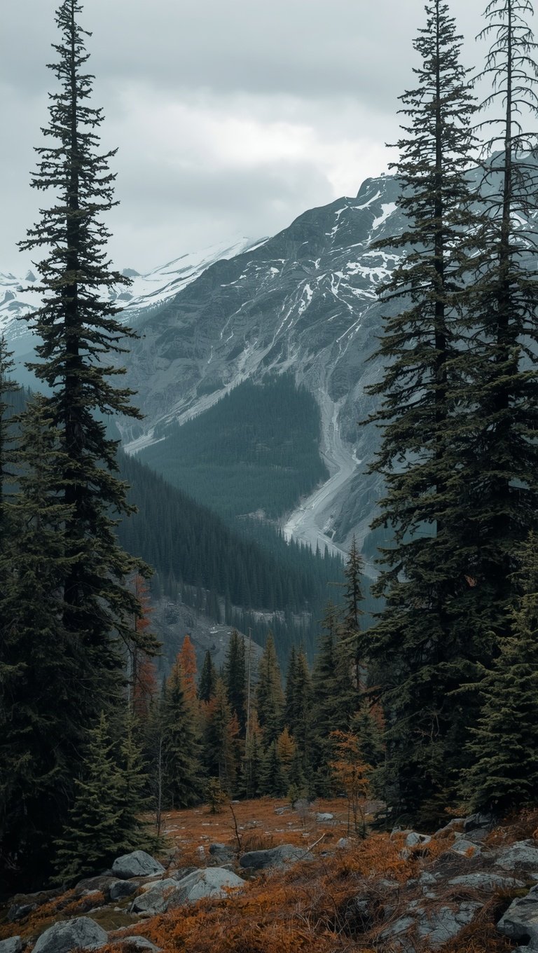 Snow-capped mountain framed by tall evergreen and autumn larch trees in a misty alpine valley