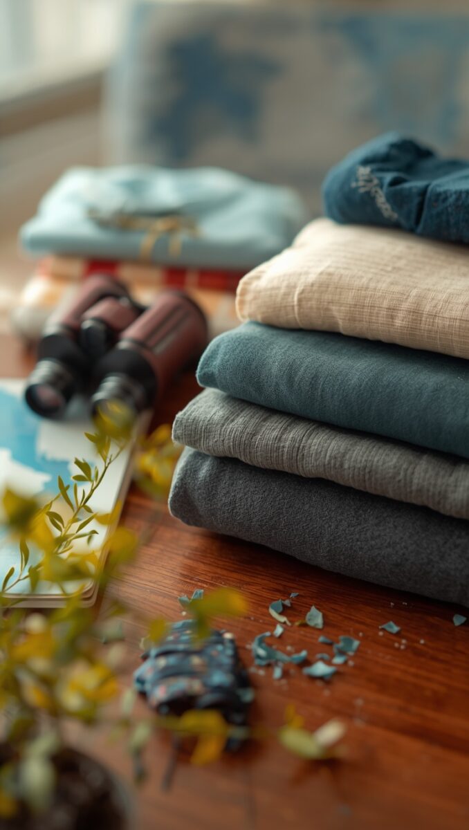 Stack of neatly folded clothes in blue, beige, teal, and gray tones on wooden table with binoculars and map