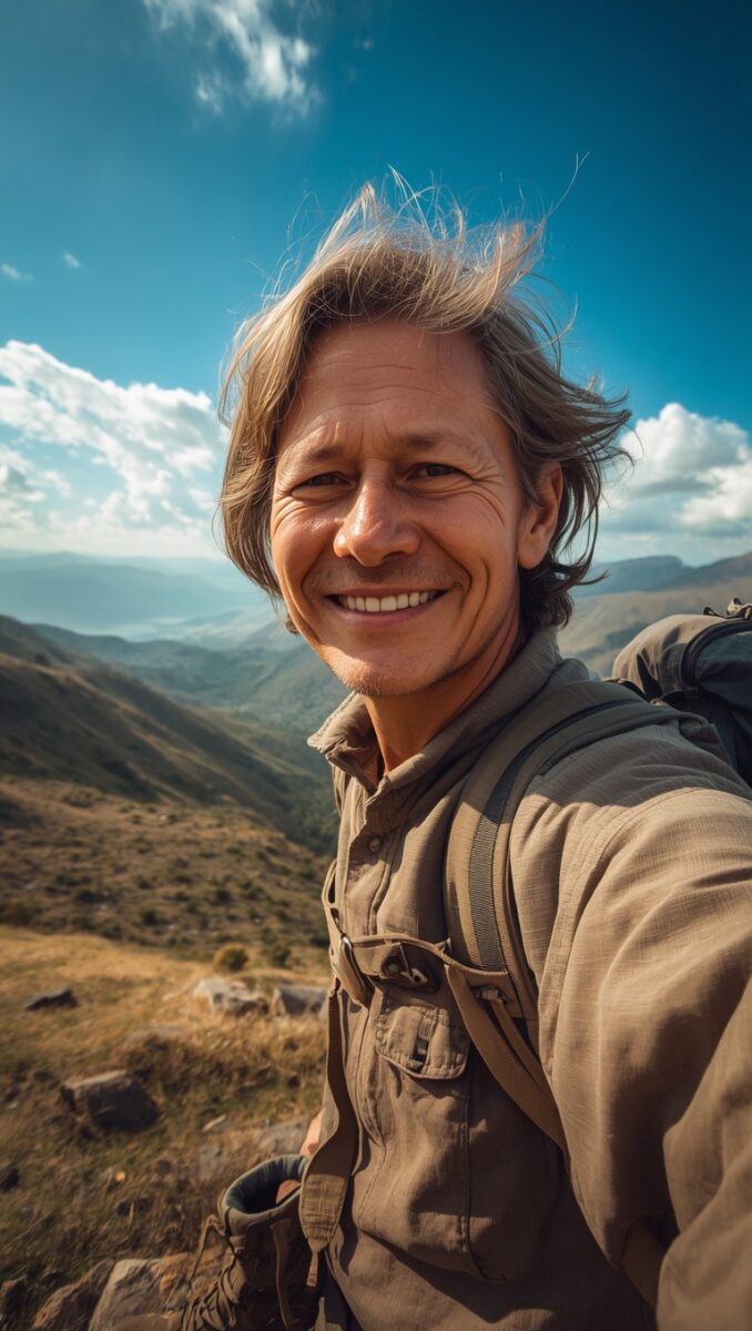 Smiling male hiker taking a selfie on a mountain summit with scenic valley and blue sky behind him