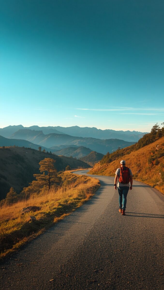 Solo hiker with red backpack walking on a winding mountain road surrounded by golden hills and blue sky