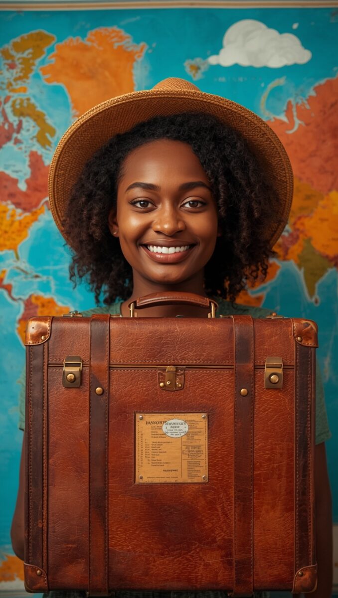 Smiling woman wearing a straw hat holding a vintage brown leather suitcase in front of a colorful world map
