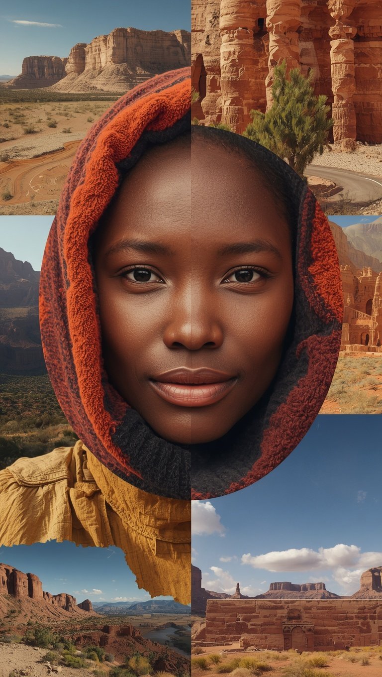 Creative photo collage blending portrait of young Black woman in red fleece hood with American Southwest desert canyon landscapes