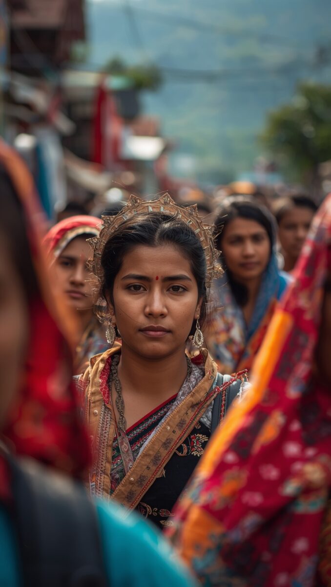 Young woman in traditional Nepali attire with decorative crown and red bindi at a cultural street festival