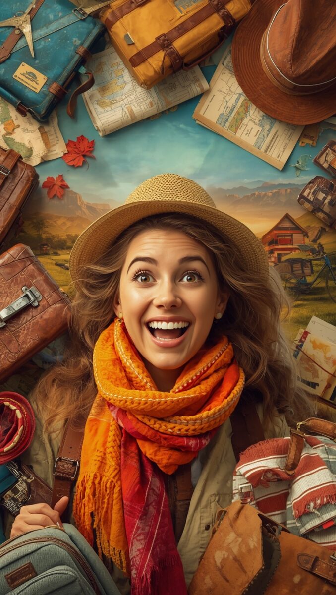 Excited woman traveler in straw hat and orange scarf surrounded by vintage suitcases and travel maps