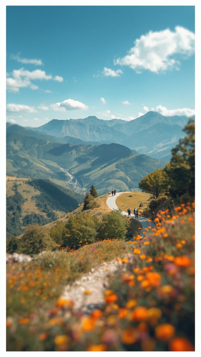 Winding mountain trail lined with orange wildflowers leading to hikers with panoramic alpine valley view