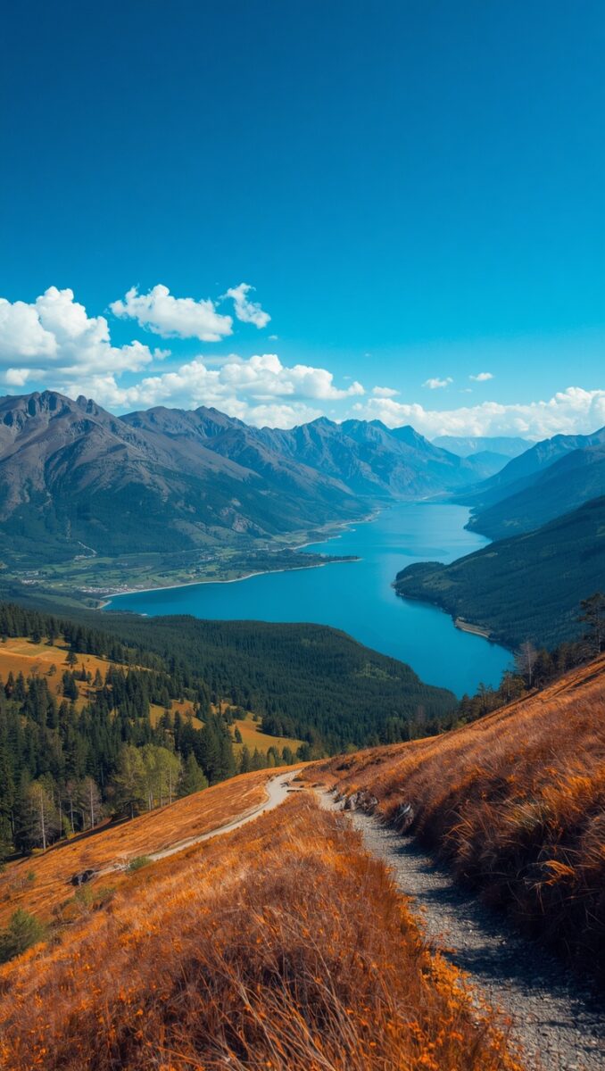 Panoramic mountain valley with turquoise lake, pine forests, autumn hillside trail, and blue sky with white clouds