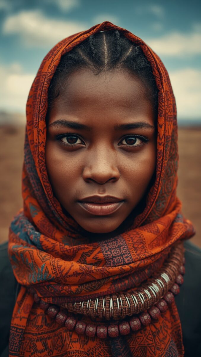 Young African woman wearing a vibrant red patterned headscarf and traditional beaded necklace, outdoor portrait