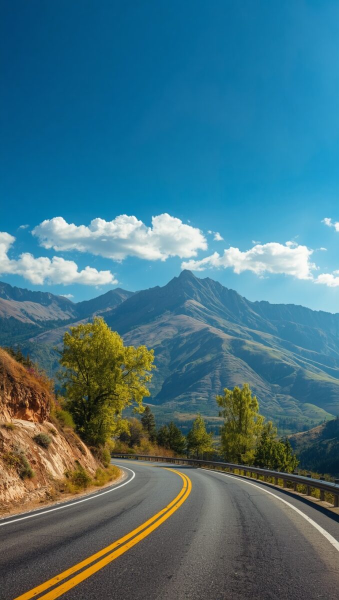 Winding mountain highway with double yellow lines, green trees, rocky cliffs, and a majestic peak under blue sky