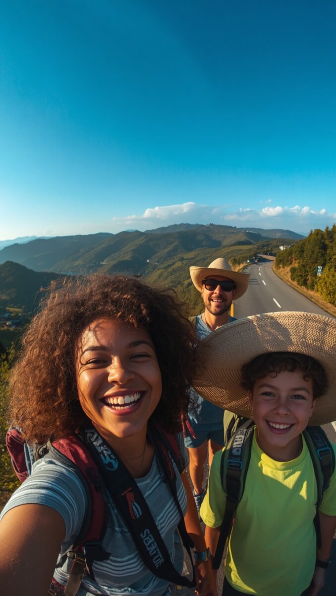 Family of three with backpacks taking a selfie on a scenic mountain road under a clear blue sky