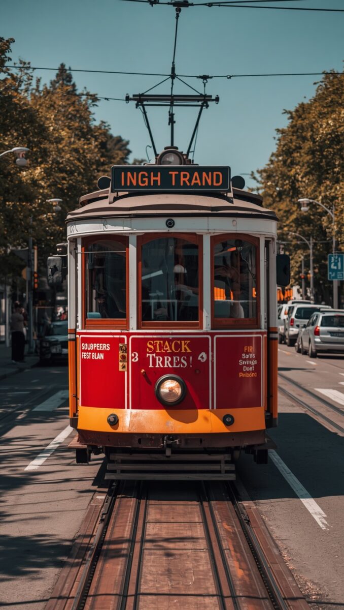 Vintage red and orange tram traveling on city tracks lined with trees under a clear blue sky