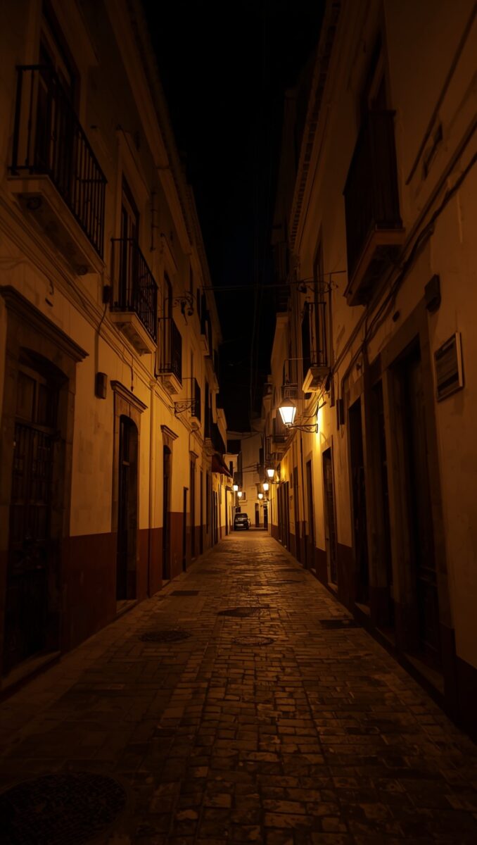 Narrow cobblestone alley at night with warm golden street lamps illuminating white-washed buildings and iron balconies
