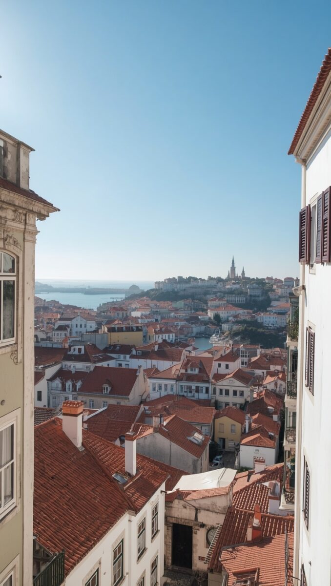 Panoramic view of Lisbon's red-tiled rooftops and white buildings with the Tagus River and hilltop castle in the background