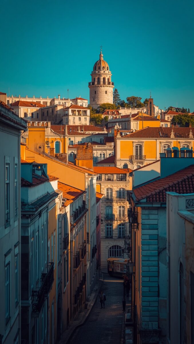Narrow historic street in Lisbon Portugal with terracotta rooftops and a baroque church tower rising above colorful buildings