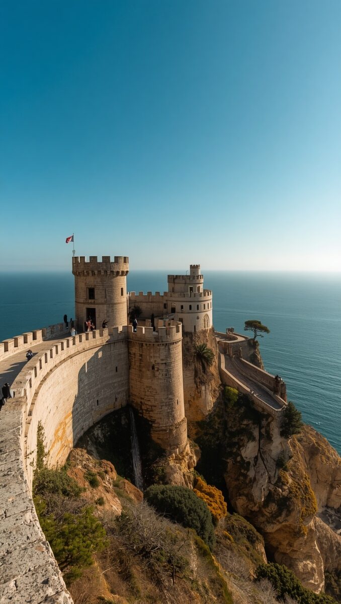 Medieval stone castle with crenellated towers perched on rocky coastal cliffs overlooking a calm blue sea