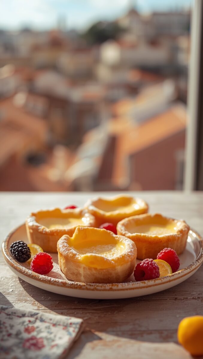 Three Portuguese custard tarts (pastéis de nata) on a ceramic plate with raspberries, blackberries, and lemon slices