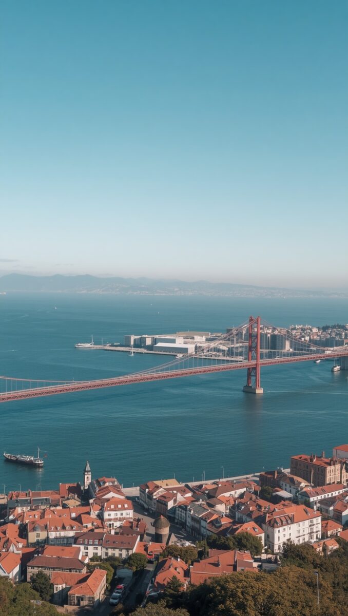 Aerial panoramic view of Lisbon, Portugal, featuring the red Ponte 25 de Abril suspension bridge over the Tagus River