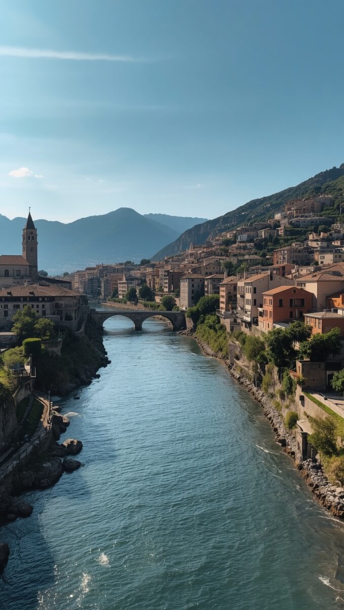 Scenic Italian alpine town with turquoise river, stone arch bridge, colorful buildings, church bell tower, and mountain backdrop