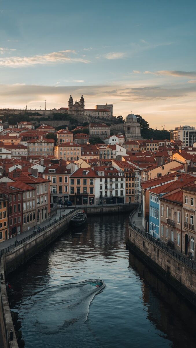 Aerial view of Porto, Portugal at sunset with the Douro River, red-roofed buildings, and hilltop cathedral in the background