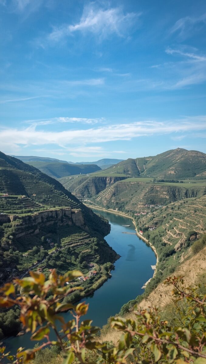 Aerial view of terraced vineyards lining steep hillsides along a winding river valley under a blue sky