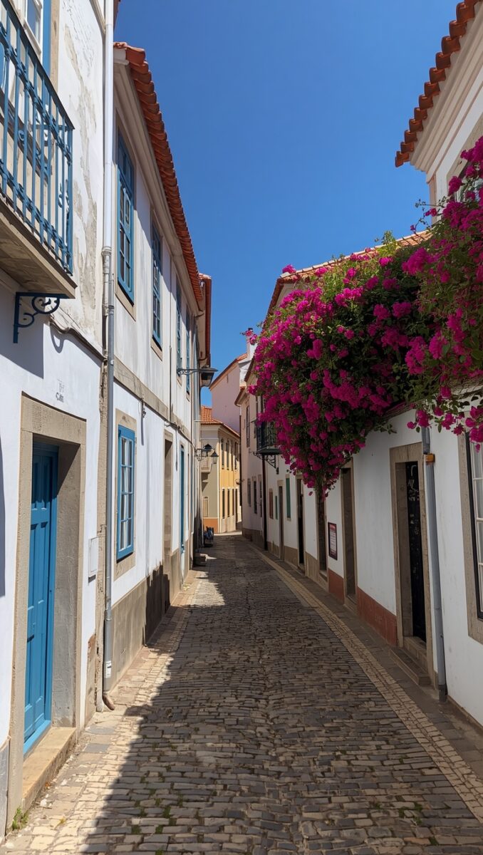 Narrow cobblestone street in a Portuguese town with white buildings, blue doors, and vibrant pink bougainvillea