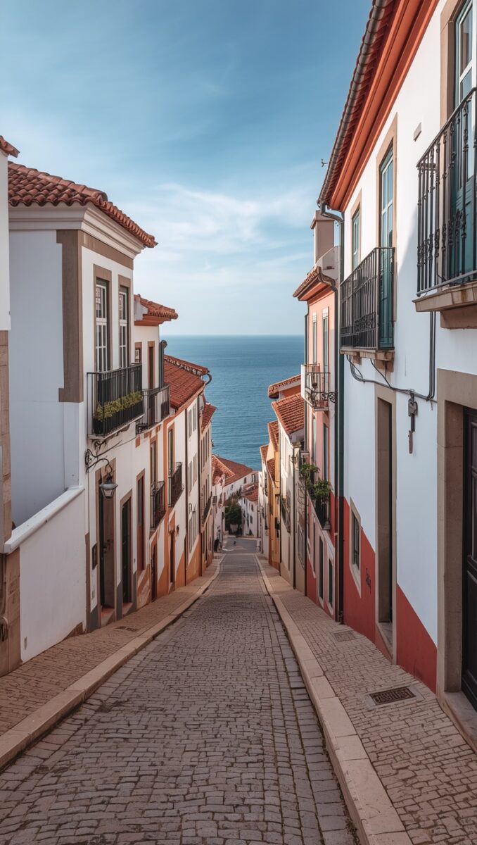 Narrow cobblestone street lined with white buildings and terracotta roofs leading to ocean view in Portugal