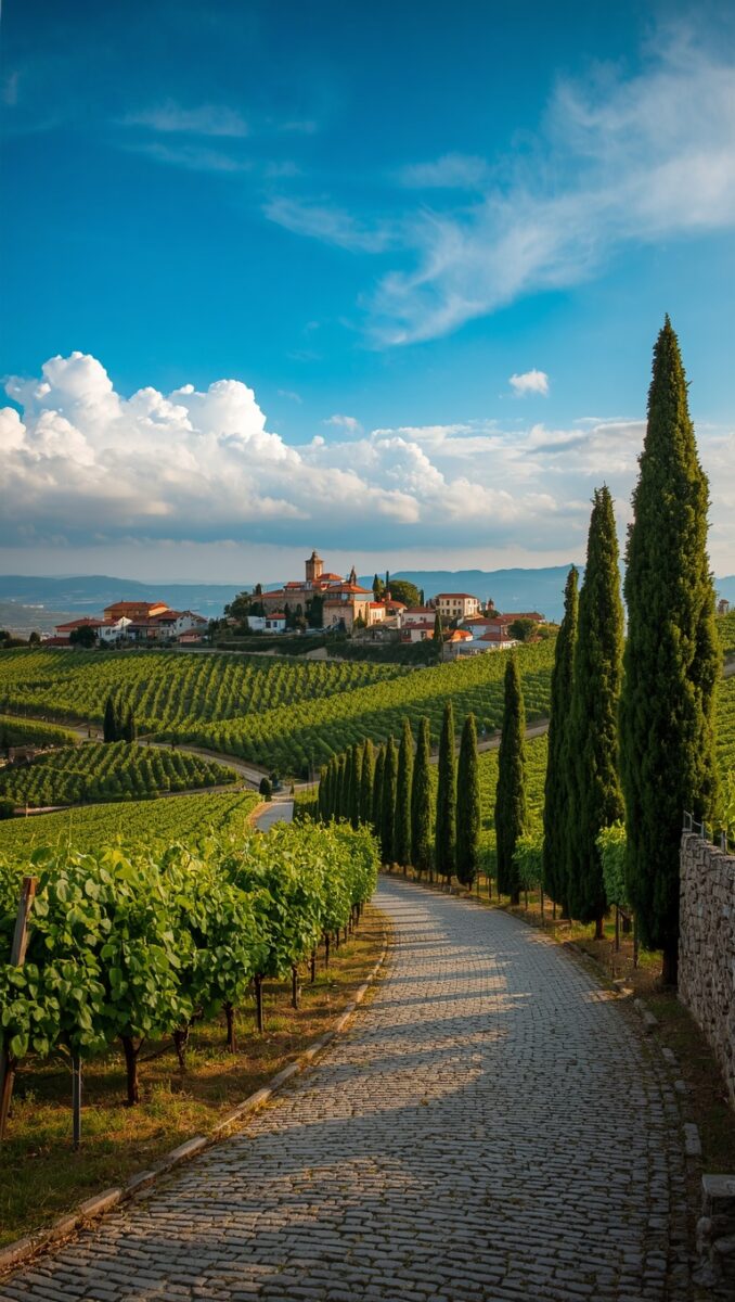 Cobblestone path lined with cypress trees leading through lush vineyards toward a hilltop Italian village