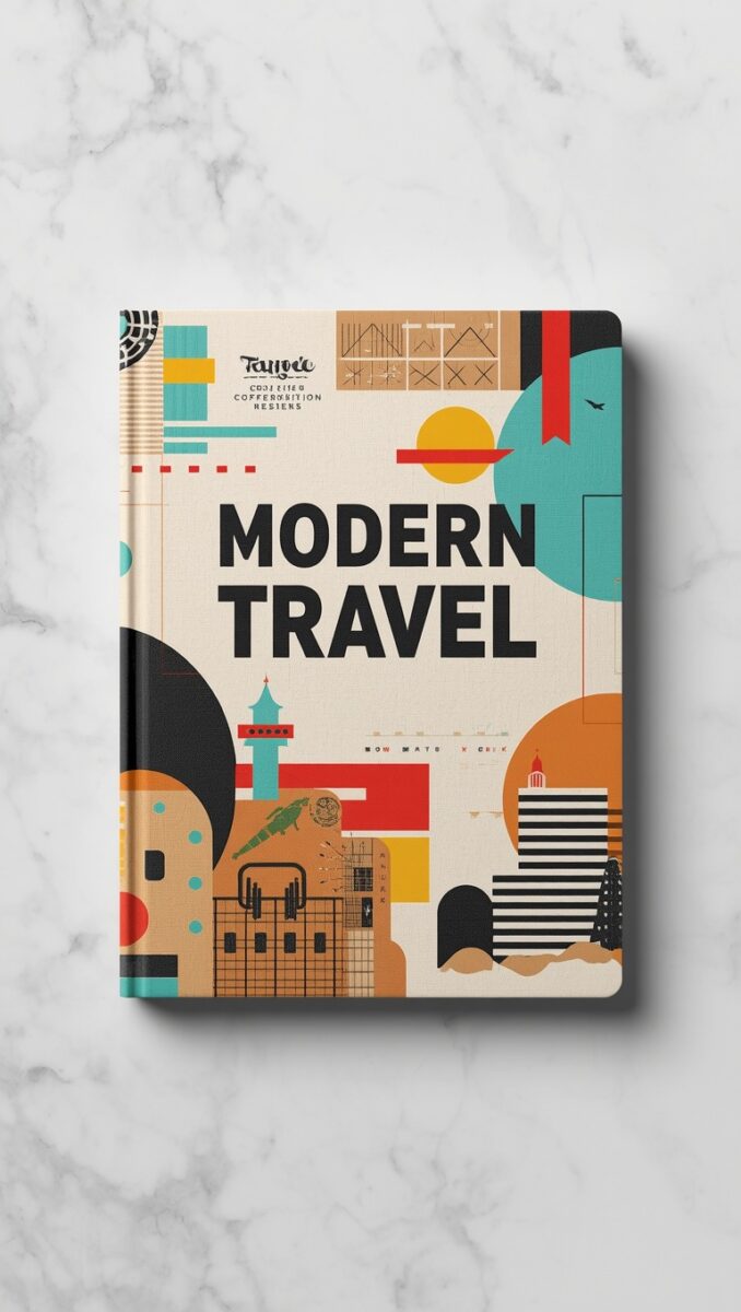 Modern Travel book cover with colorful geometric mid-century design on marble surface