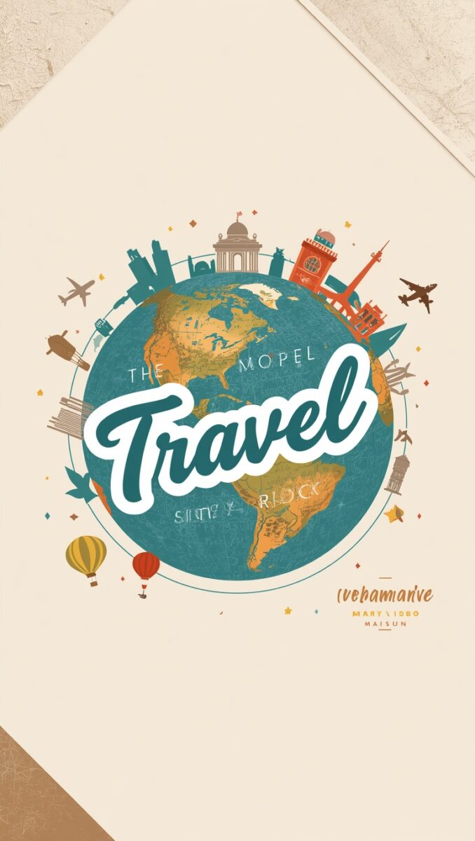 Colorful travel globe illustration with world landmarks, airplanes, hot air balloons, and Travel text overlay