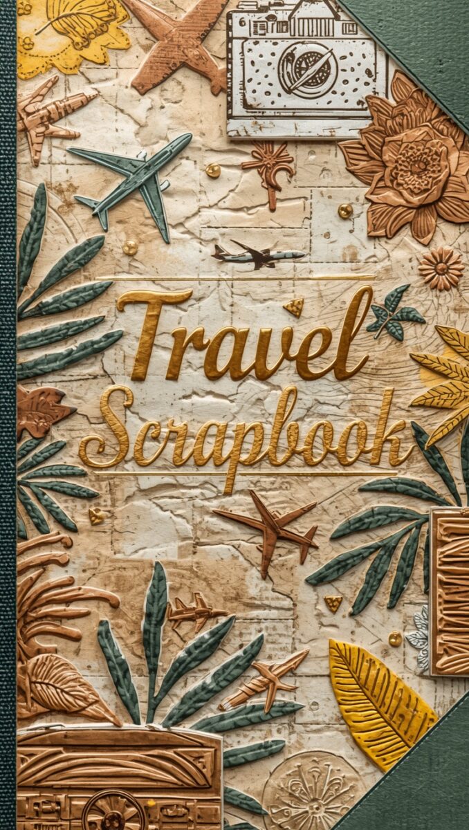 Decorative travel scrapbook cover with gold lettering, airplanes, tropical leaves, flowers, and vintage map background