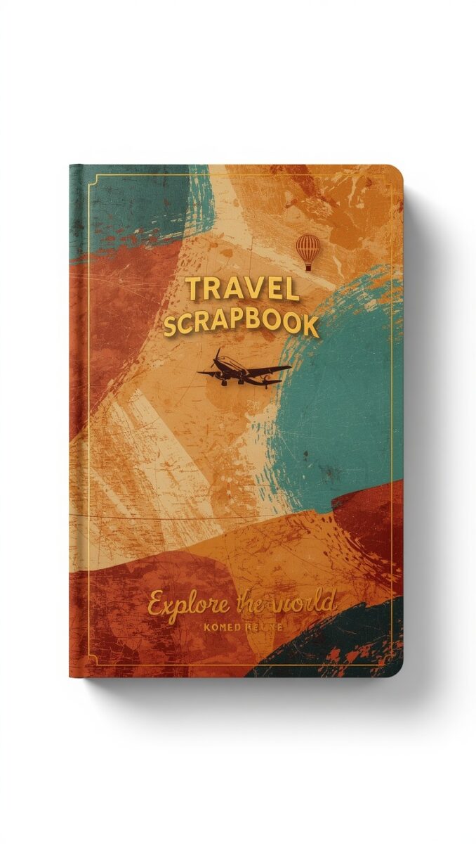 Vintage-style Travel Scrapbook journal cover with airplane, hot air balloon, and 'Explore the World' text